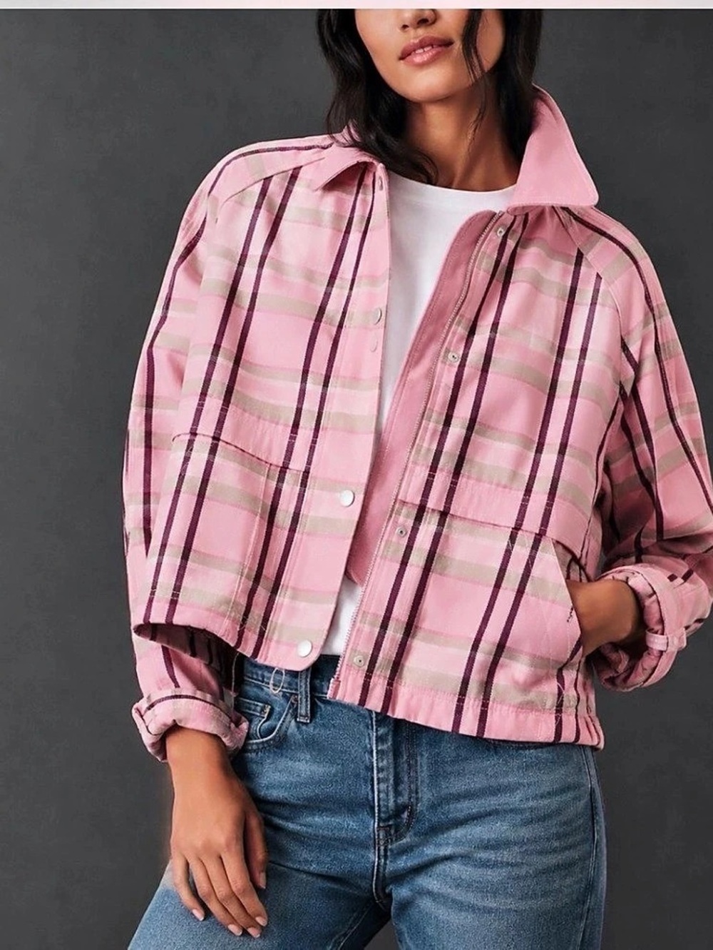 PILCRO LEXIE CROPPED WORKWEAR JACKET - pink plaid